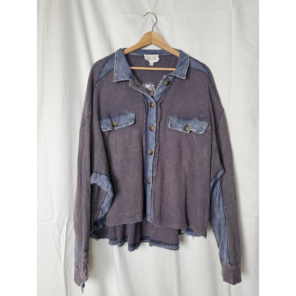 Oli & Hali Waffle Knit Button-Up Shacket Sweater Purple Blue Size Small Oversize